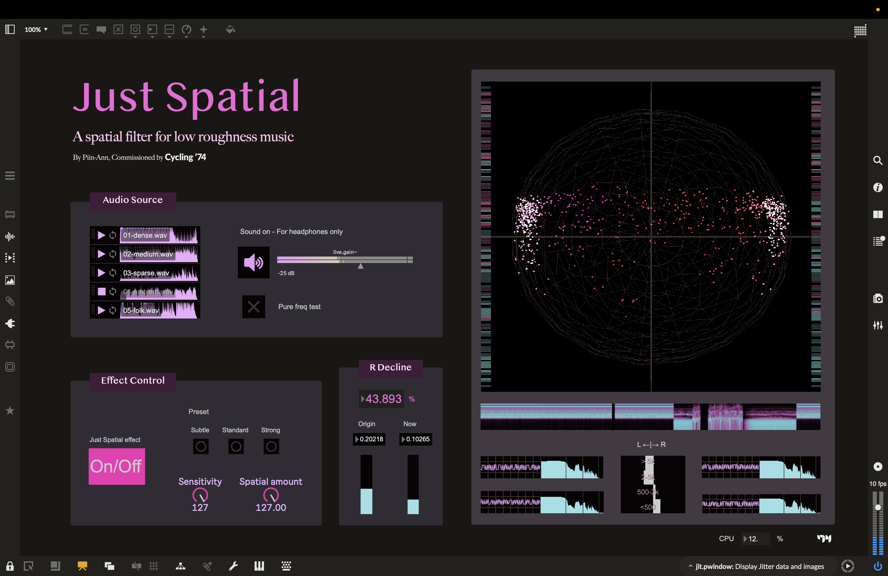The Just Spatial interface: audio source, effect controls (on/off, presets, sensitivity, spatial amount), the live roughness-decline readout, and the per-bin spatial visualization on the right.